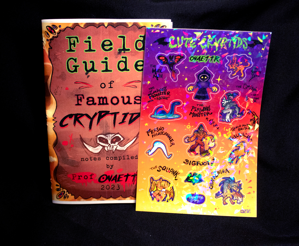 A cryptid zine & a sticker sheet in vibrant sunset colours.